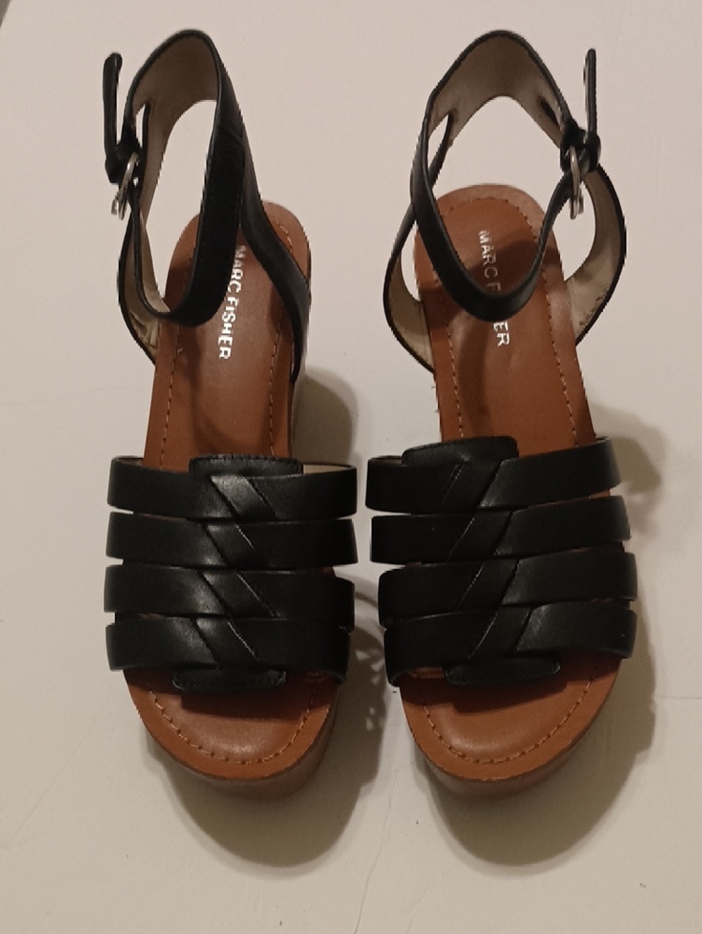 Marc Fisher Black Leather Woven Front Strappy Ankle Wedge Sandal Shoe Sz 8.5M